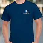 Navy blue t-shirt with a logo on a person wearing it